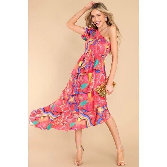 ALDEN ADAIR Stargazing Dress One Shoulder Red Print Asymetrical Satin NWT S - Picture 2 of 14